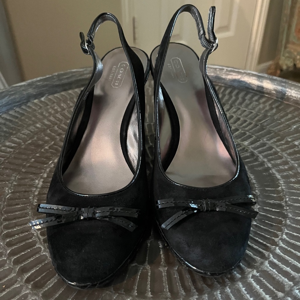 Coach Aligra Vintage Wedge with Suede Upper and Patent Leather 4’ Wedge